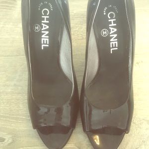 Chanel peep toe patent leather heels